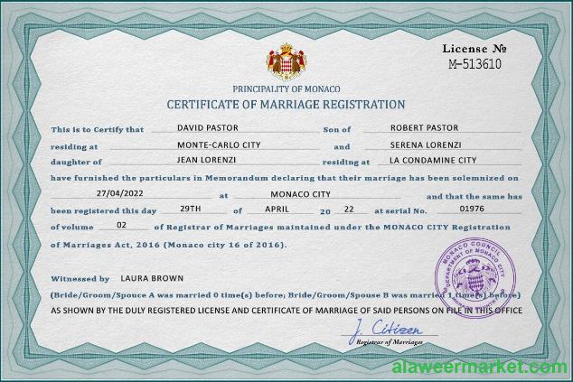 Monaco marriage certificate PSD template